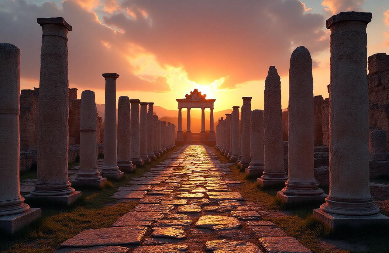 Vista cinematografica del Foro Romano durante l'ora d'oro